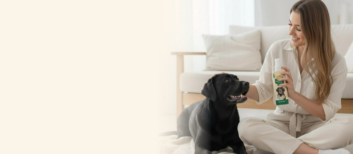 Tutora passando colônia no cachorro em casa