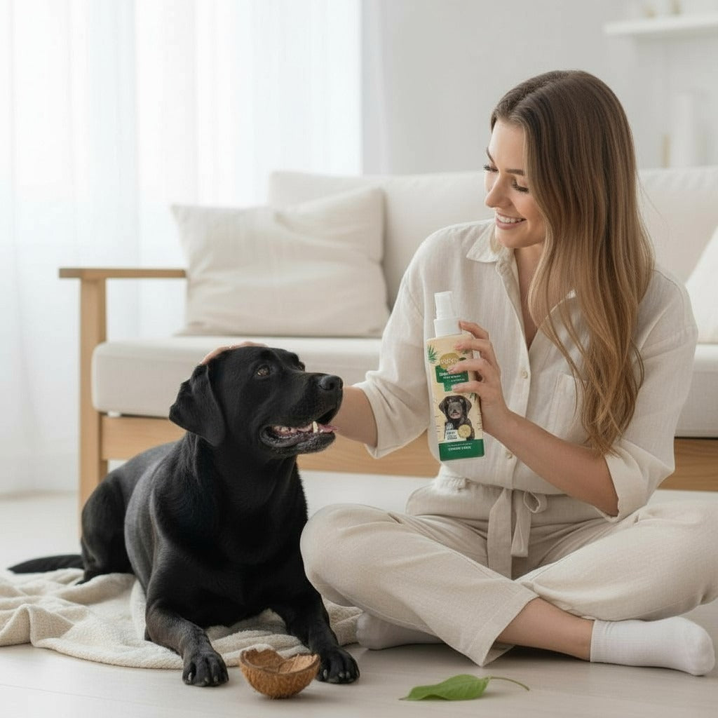 Tutora com cachorro na sala de casa