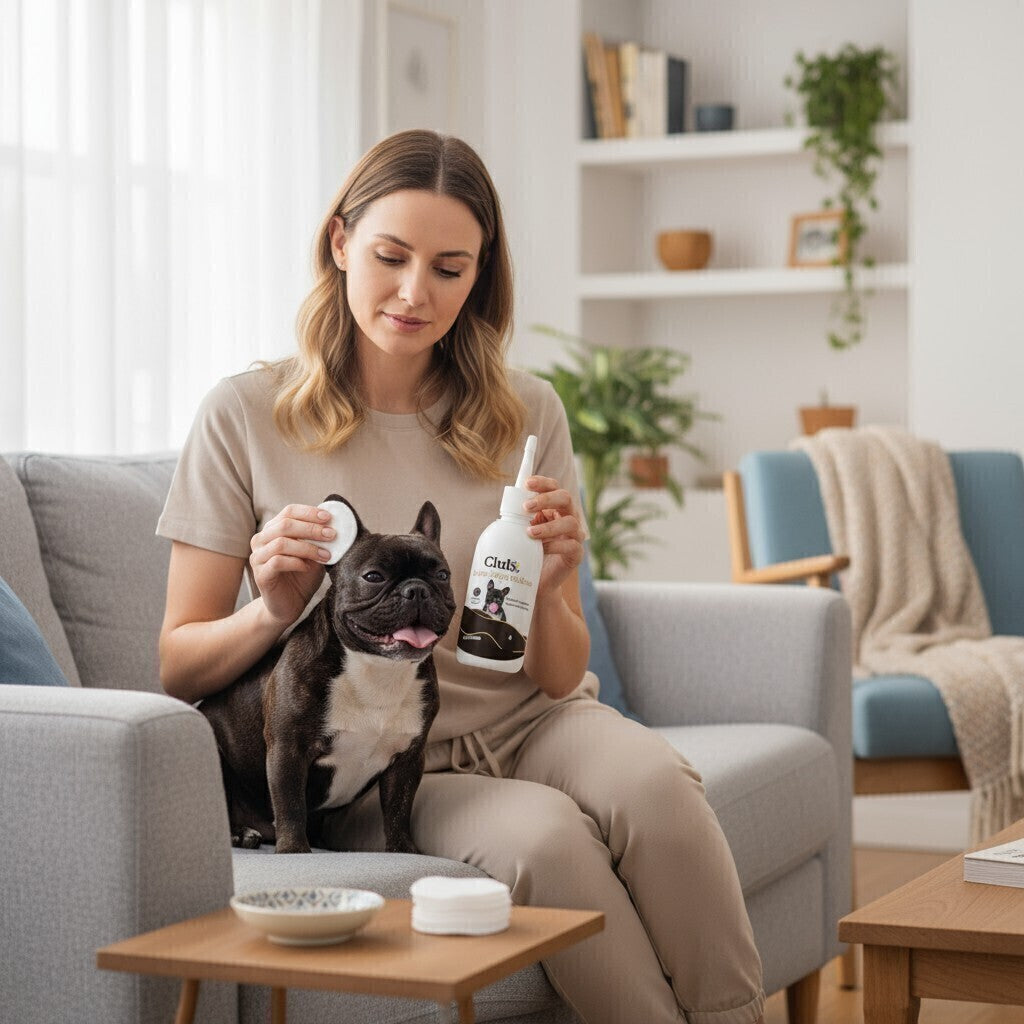 Tutora limpando a orelha do cachorro com algodão