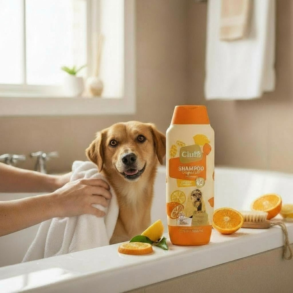 Cachorro tomando banho em casa com shampoo vegano