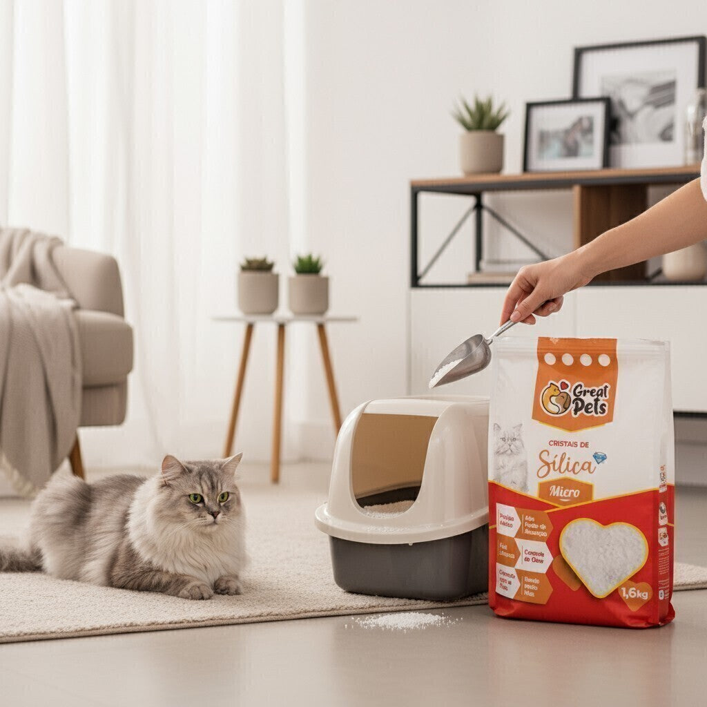 Gato ao lado da caixa de areia e da areia sílica