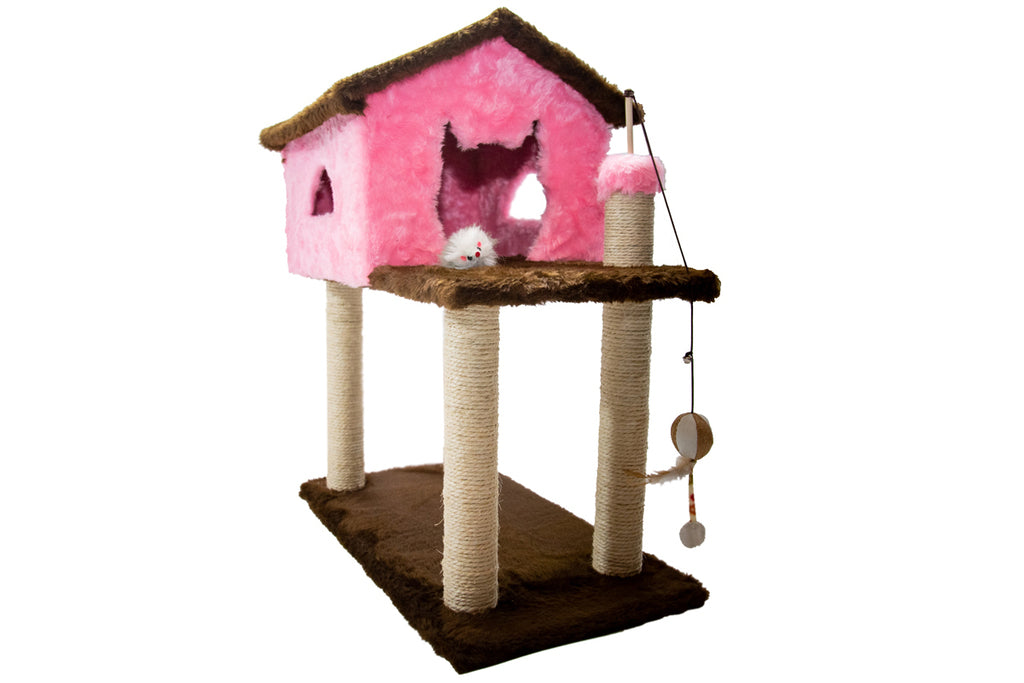 Casinha para Gatos com Arranhador – Rosa e Marrom