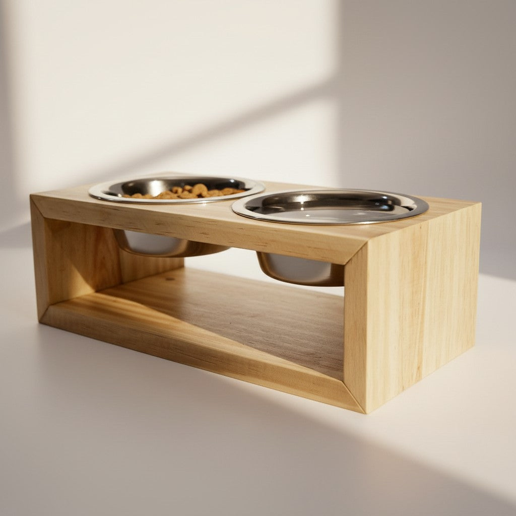 Comedouro Duplo Zurique – Madeira e Inox