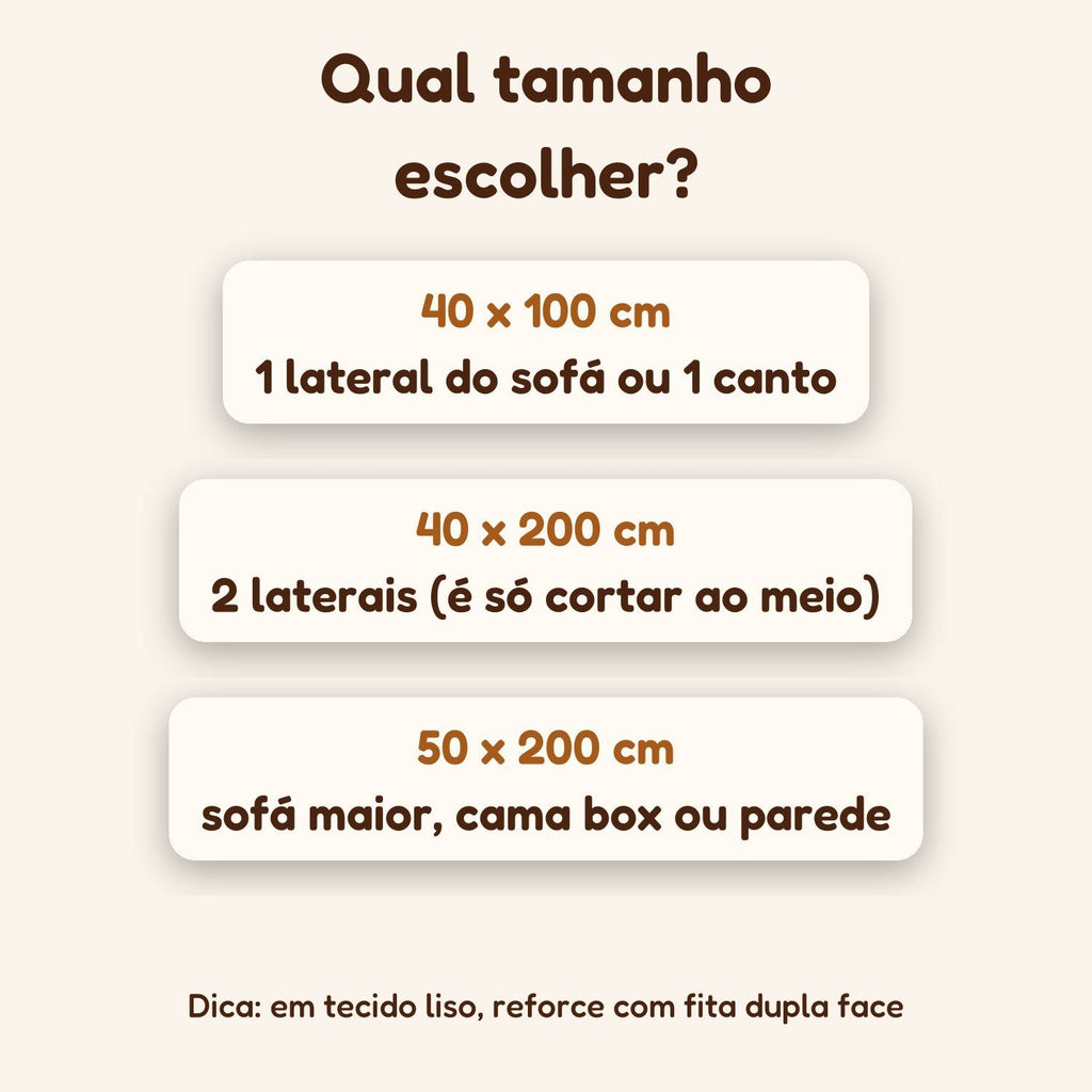 Guia de tamanhos do protetor de sofá: 40x100, 40x200 e 50x200 cm